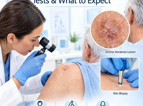 Actinic keratosis diagnosis during a dermatologist skin examination