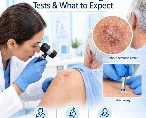 Actinic keratosis diagnosis during a dermatologist skin examination