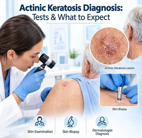 Actinic keratosis diagnosis during a dermatologist skin examination