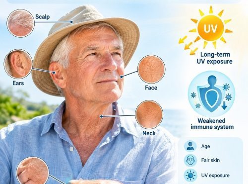 Actinic keratosis risk factors including sun exposure and fair skin