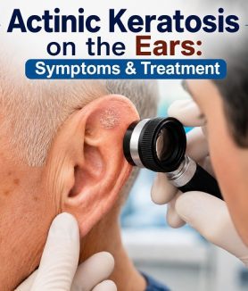 Actinic Keratosis on the Ears showing a rough, scaly sun-damaged lesion