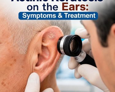 Actinic Keratosis on the Ears showing a rough, scaly sun-damaged lesion
