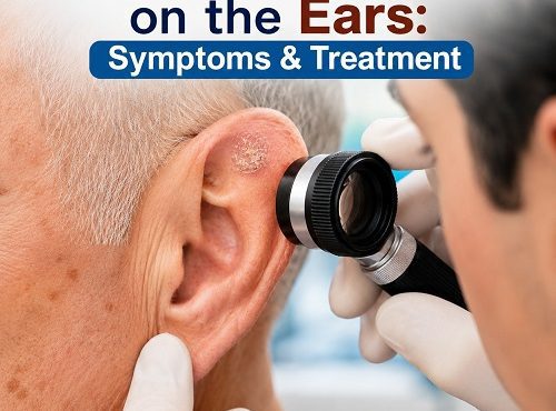 Actinic Keratosis on the Ears showing a rough, scaly sun-damaged lesion