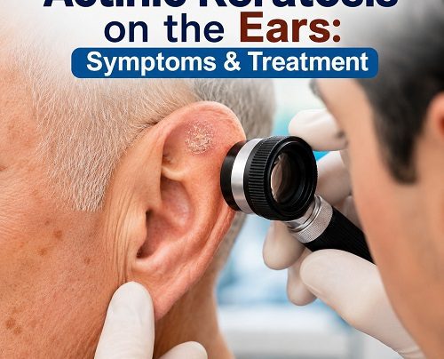 Actinic Keratosis on the Ears showing a rough, scaly sun-damaged lesion