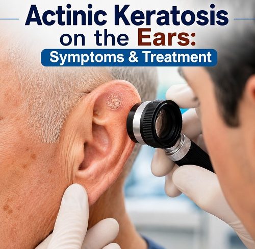 Actinic Keratosis on the Ears showing a rough, scaly sun-damaged lesion