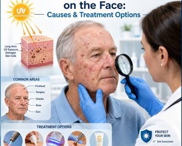 Older adult with actinic keratosis on the face showing rough scaly patches on sun-exposed facial skin during a dermatology examination