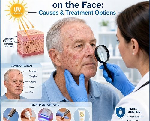 Older adult with actinic keratosis on the face showing rough scaly patches on sun-exposed facial skin during a dermatology examination