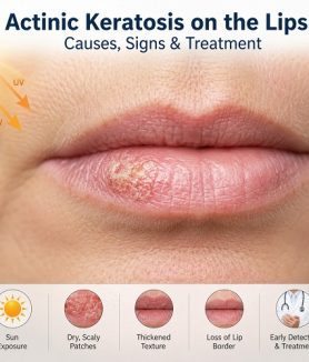 Actinic keratosis on lips showing a rough, scaly sun-damaged area on the lower lip