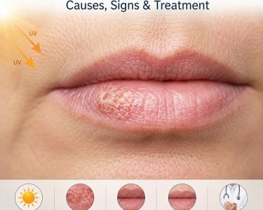 Actinic keratosis on lips showing a rough, scaly sun-damaged area on the lower lip