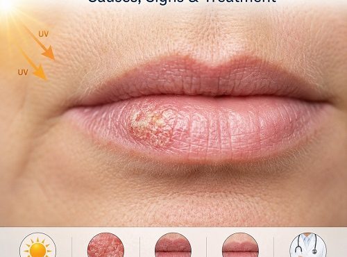 Actinic keratosis on lips showing a rough, scaly sun-damaged area on the lower lip