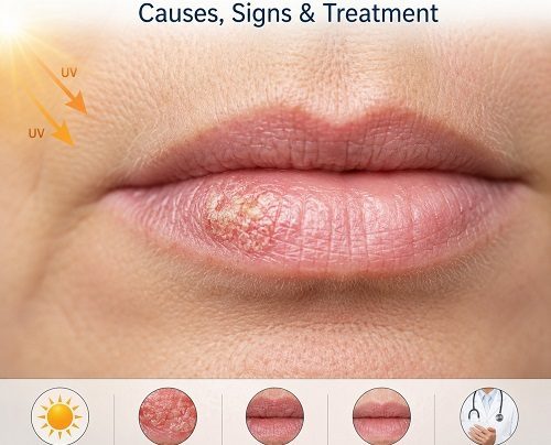 Actinic keratosis on lips showing a rough, scaly sun-damaged area on the lower lip