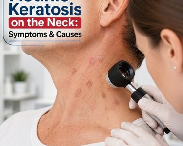 Actinic Keratosis on the Neck showing rough, scaly skin lesions caused by sun damage