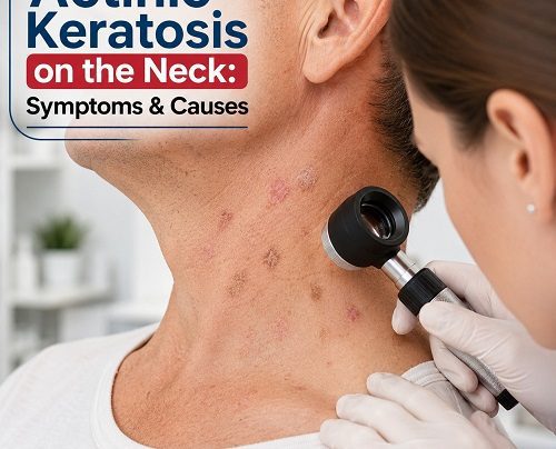 Actinic Keratosis on the Neck showing rough, scaly skin lesions caused by sun damage