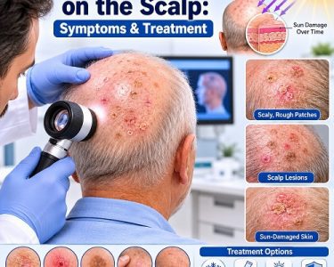 Actinic keratosis on the scalp showing rough, scaly sun-damaged patches and scalp lesions