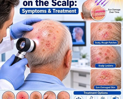Actinic keratosis on the scalp showing rough, scaly sun-damaged patches and scalp lesions