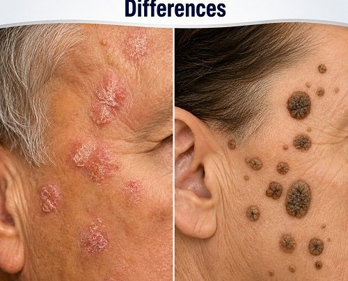 Actinic keratosis vs seborrheic keratosis showing differences between rough skin lesions