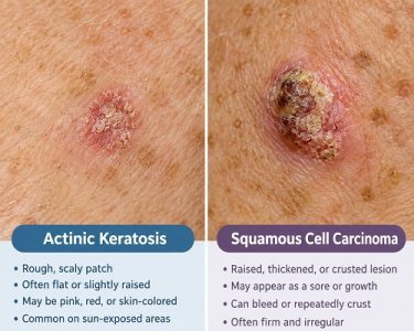 Actinic keratosis vs squamous cell carcinoma comparison on sun-damaged skin