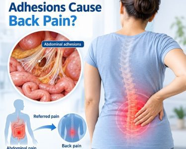 Abdominal adhesions and back pain showing scar tissue and referred pain from the abdomen to the lower back