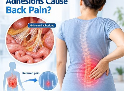 Abdominal adhesions and back pain showing scar tissue and referred pain from the abdomen to the lower back