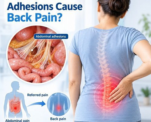 Abdominal adhesions and back pain showing scar tissue and referred pain from the abdomen to the lower back