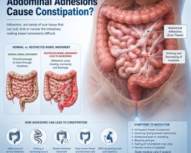 Medical illustration showing abdominal adhesions affecting the intestines and contributing to constipation