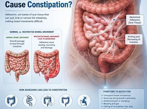 Medical illustration showing abdominal adhesions affecting the intestines and contributing to constipation