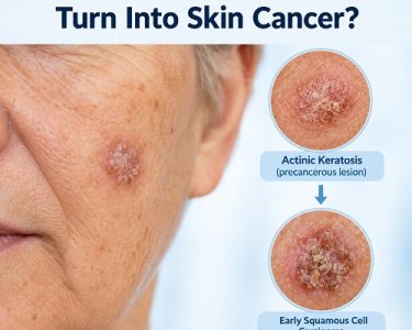 Can actinic keratosis turn into skin cancer showing a rough scaly skin lesion