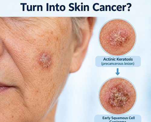 Can actinic keratosis turn into skin cancer showing a rough scaly skin lesion
