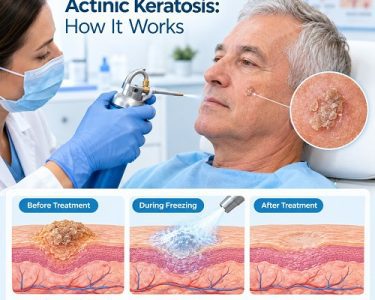 Cryotherapy for actinic keratosis using liquid nitrogen treatment on a sun-damaged skin lesion