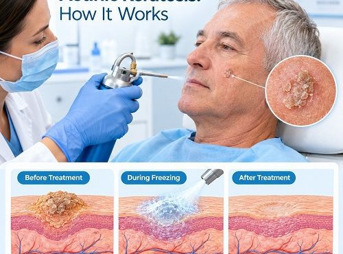 Cryotherapy for actinic keratosis using liquid nitrogen treatment on a sun-damaged skin lesion