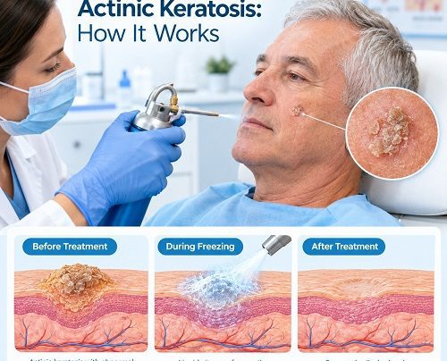 Cryotherapy for actinic keratosis using liquid nitrogen treatment on a sun-damaged skin lesion