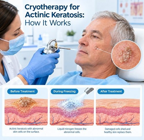 Cryotherapy for actinic keratosis using liquid nitrogen treatment on a sun-damaged skin lesion