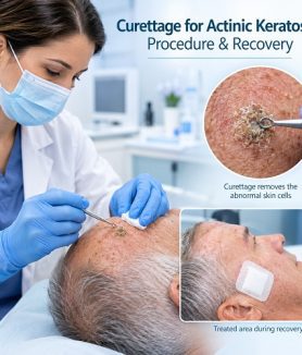 Curettage for actinic keratosis procedure showing a dermatologist removing a thick sun-damaged skin lesion