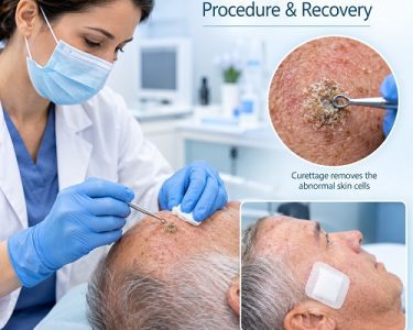 Curettage for actinic keratosis procedure showing a dermatologist removing a thick sun-damaged skin lesion