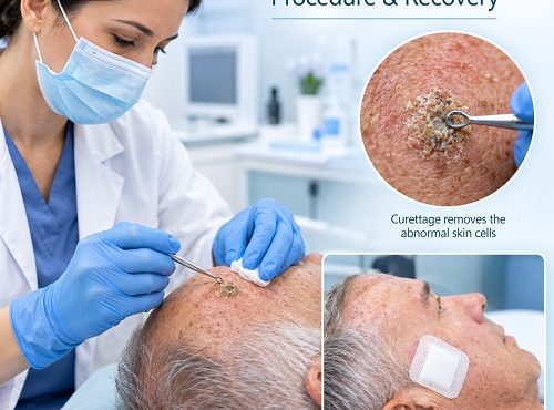 Curettage for actinic keratosis procedure showing a dermatologist removing a thick sun-damaged skin lesion
