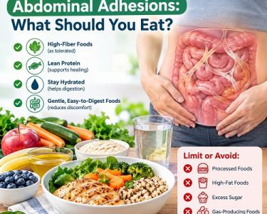Diet for abdominal adhesions showing healthy digestive foods and abdominal organs