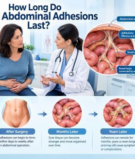 How long do abdominal adhesions last showing abdominal scar tissue around the intestine
