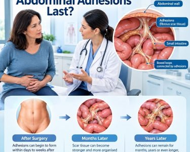 How long do abdominal adhesions last showing abdominal scar tissue around the intestine