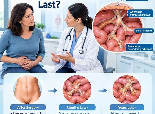 How long do abdominal adhesions last showing abdominal scar tissue around the intestine