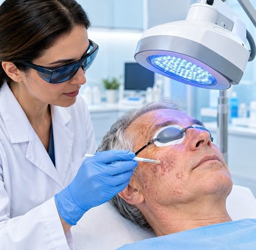 Photodynamic therapy for actinic keratosis treatment on sun-damaged skin
