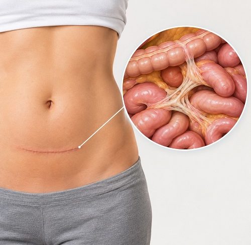 Abdominal scar tissue and adhesions forming after surgery