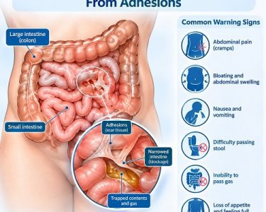Medical illustration showing warning signs of bowel obstruction caused by abdominal adhesions