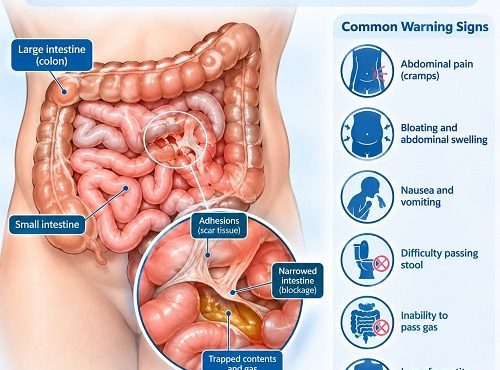 Medical illustration showing warning signs of bowel obstruction caused by abdominal adhesions