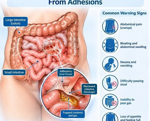 Medical illustration showing warning signs of bowel obstruction caused by abdominal adhesions