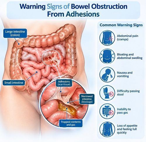 Medical illustration showing warning signs of bowel obstruction caused by abdominal adhesions
