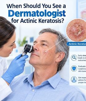 Dermatologist examining an actinic keratosis skin lesion during a skin examination