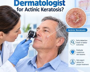Dermatologist examining an actinic keratosis skin lesion during a skin examination