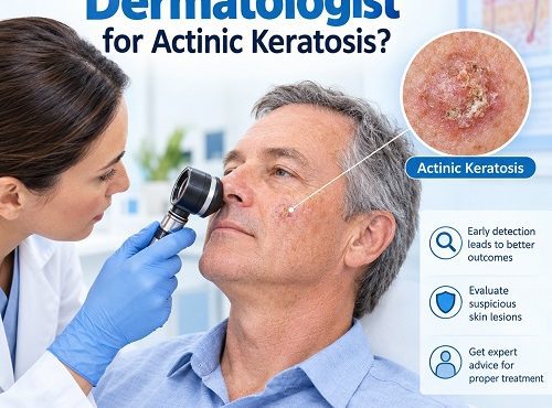 Dermatologist examining an actinic keratosis skin lesion during a skin examination