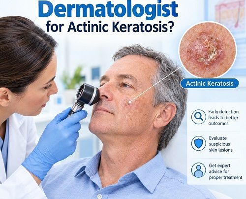 Dermatologist examining an actinic keratosis skin lesion during a skin examination