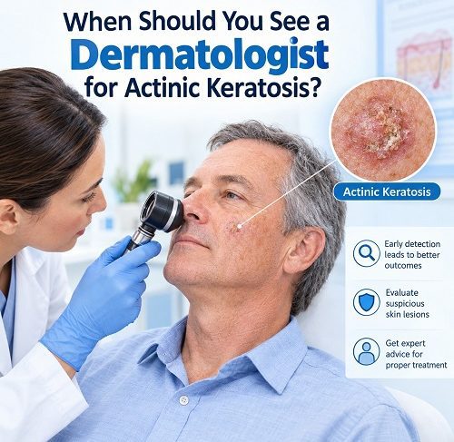 Dermatologist examining an actinic keratosis skin lesion during a skin examination